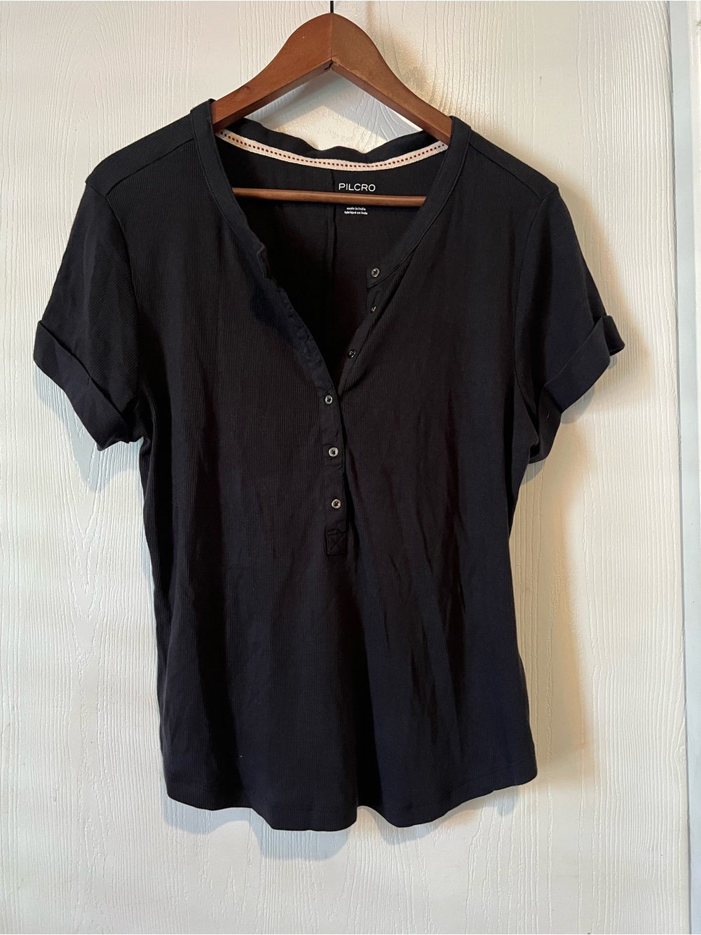 Anthropologie Pilcro Andie Ribbed Henley Top  Black Minimal Shirt Women Sz XL